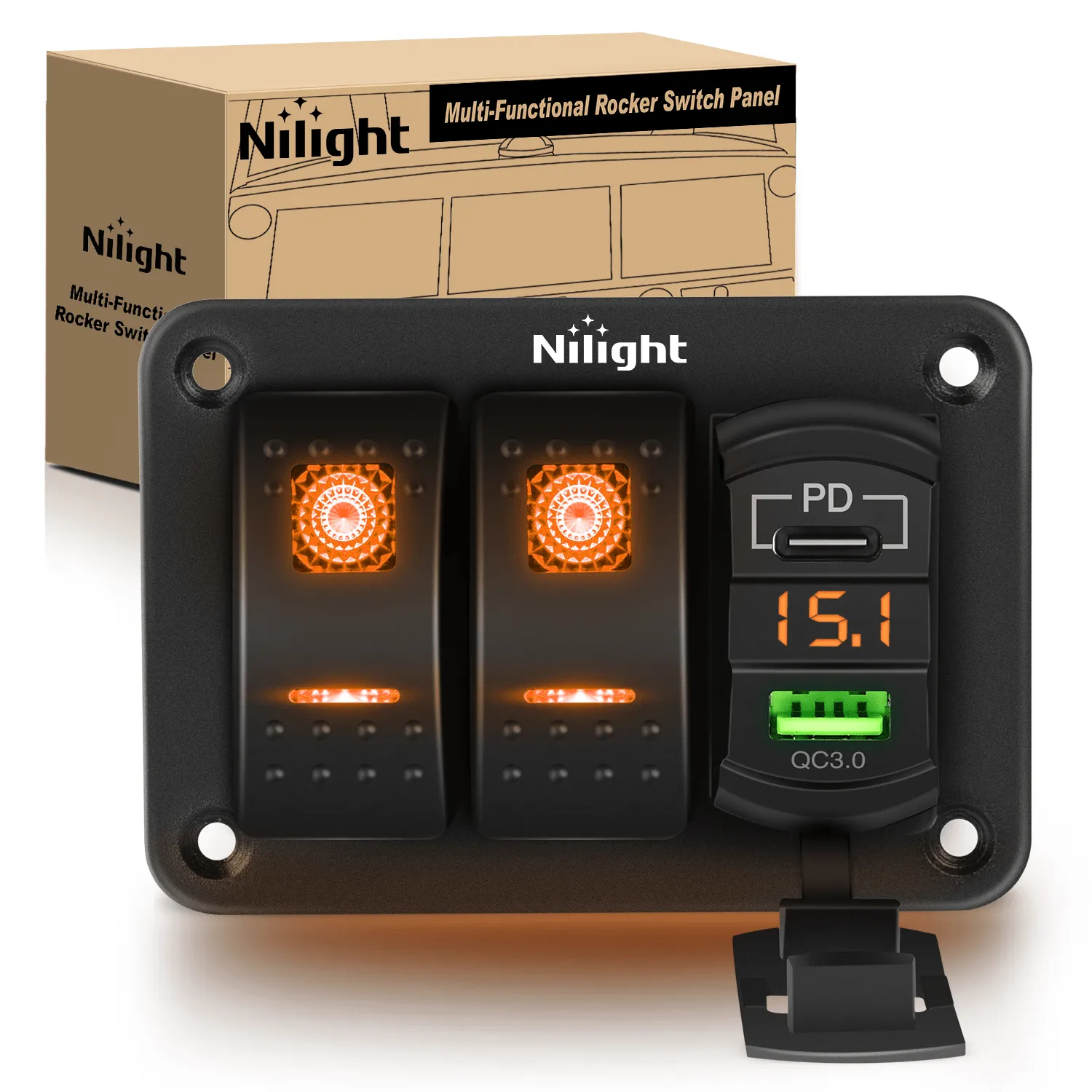 2 Gang Switch Panel With QC3.0 & PD Charger And Voltmerter with Orange Backlit