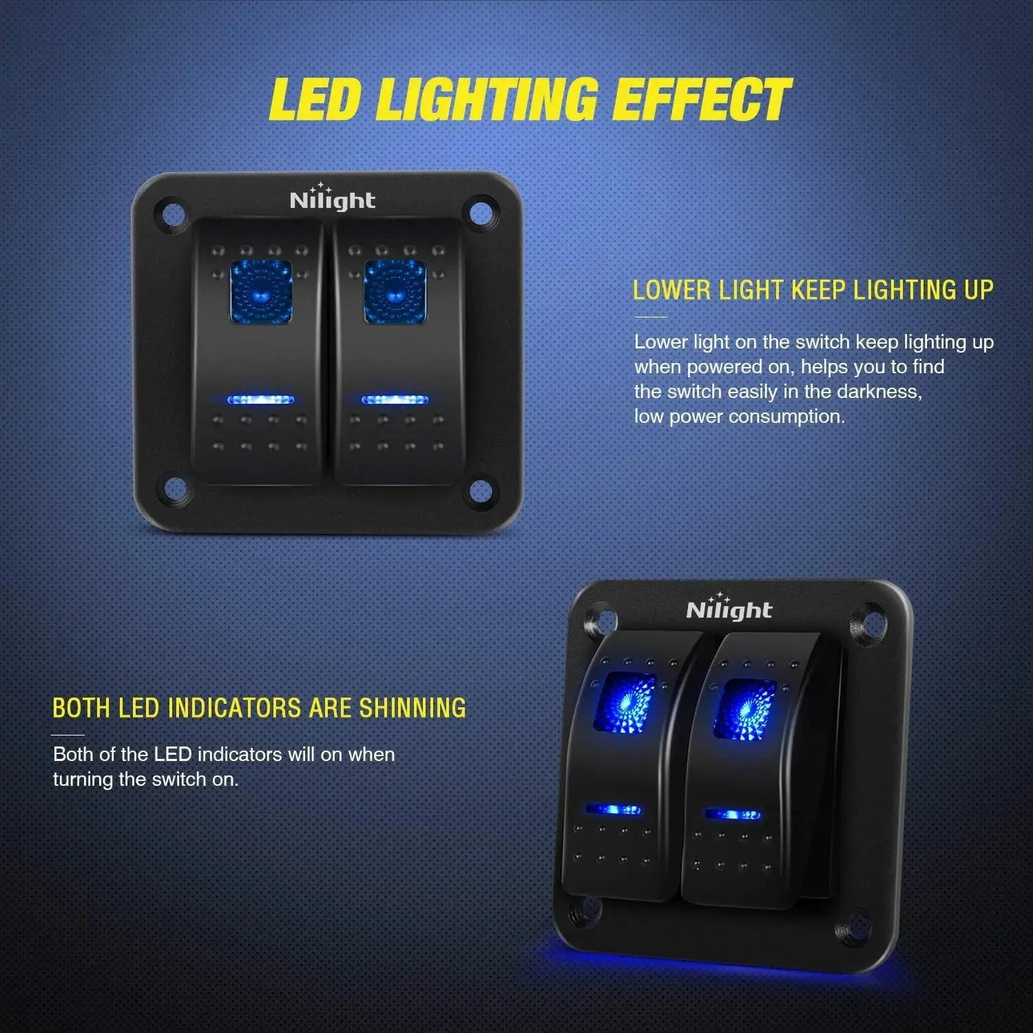 2Gang Aluminum 5Pin ON/Off Rocker Switch Panel Blue