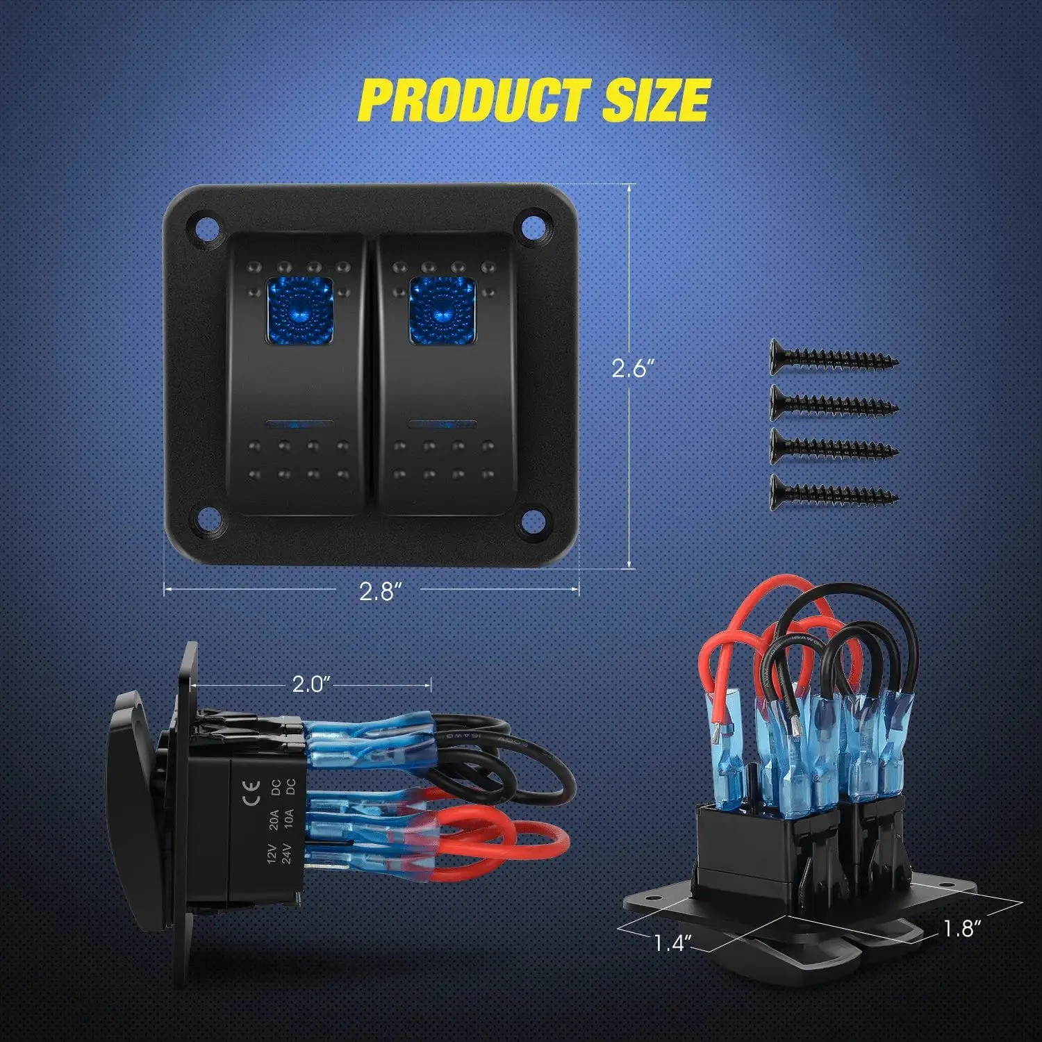 2Gang Aluminum 5Pin ON/Off Rocker Switch Panel Blue