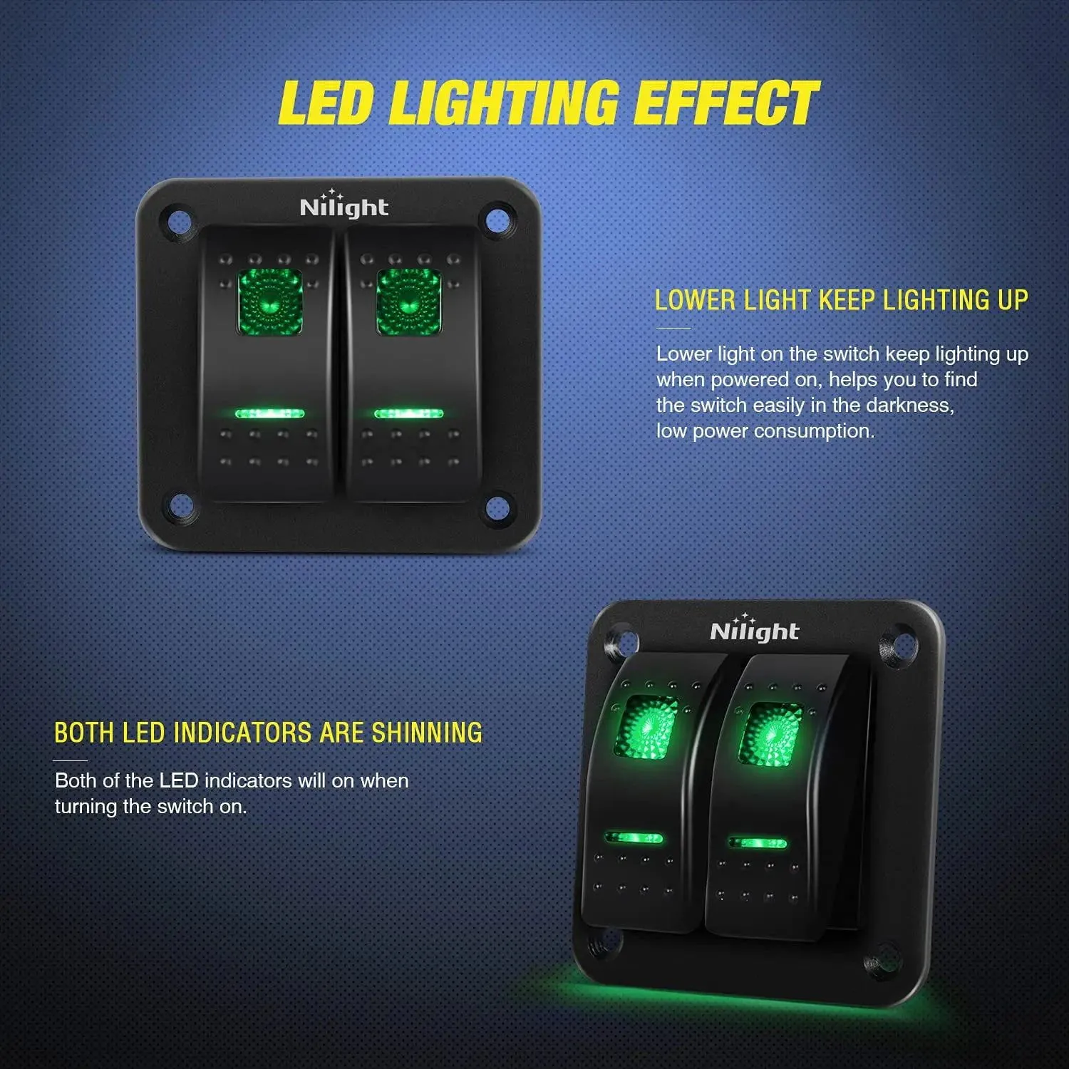 2Gang Aluminum 5Pin ON/Off Rocker Switch Panel Green