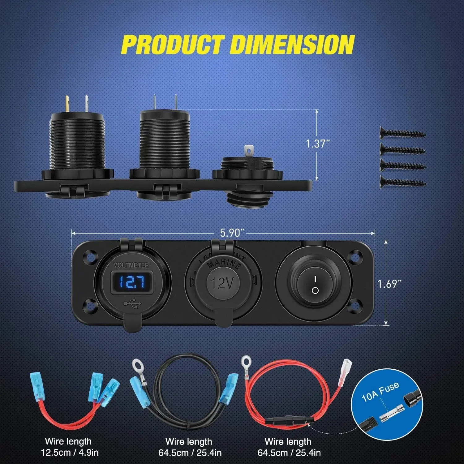 4 in 1 ON/OFF Blue Charger Socket Panel w/ Dual QC 3.0 USB Voltmeter Cigarette