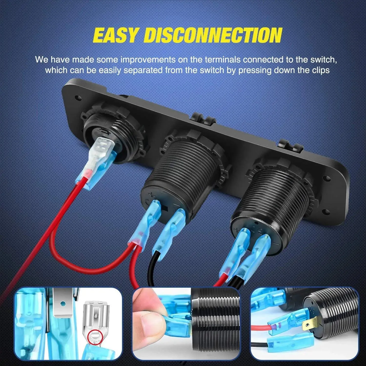 4 in 1 ON/OFF Blue Charger Socket Panel w/ Dual QC 3.0 USB Voltmeter Cigarette