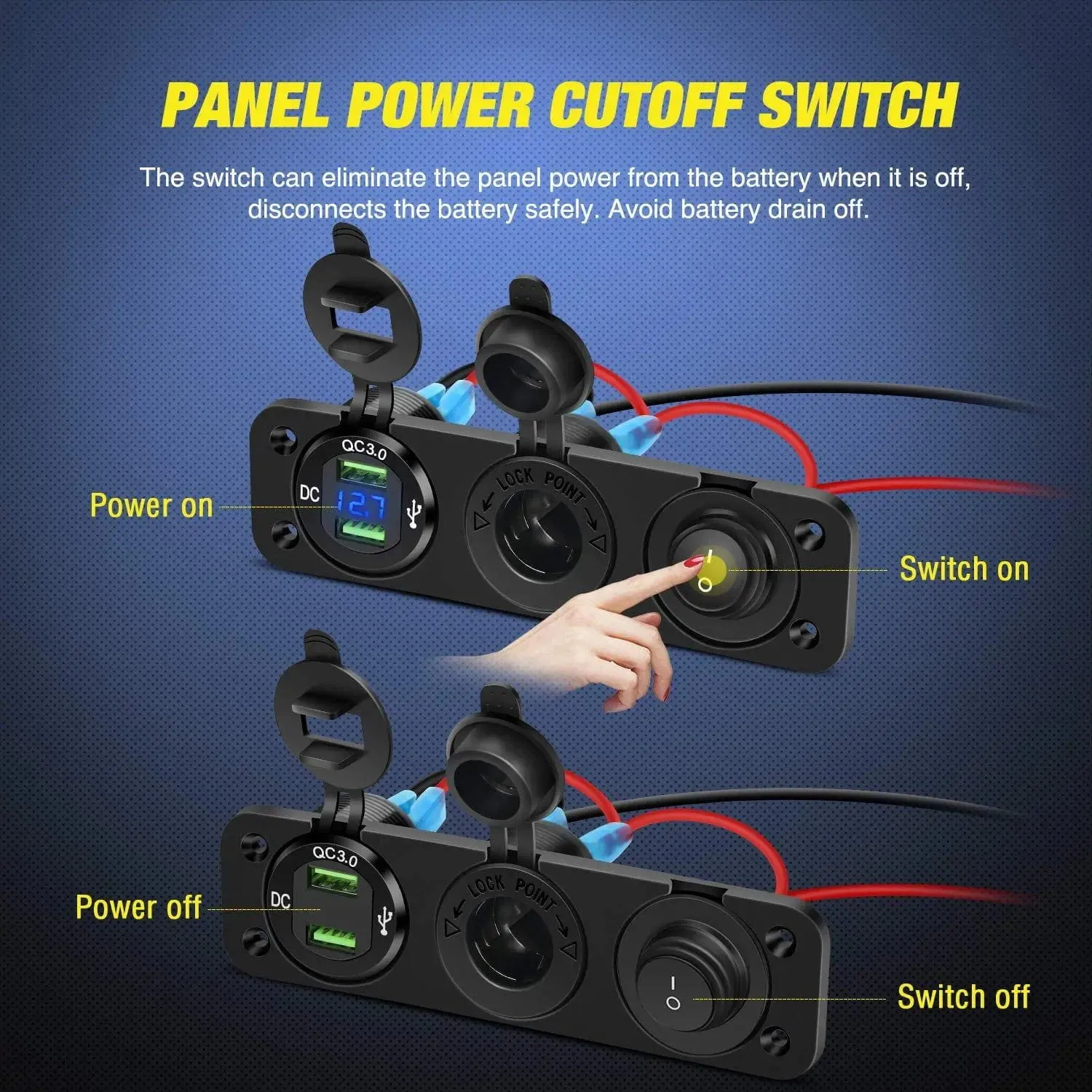 4 in 1 ON/OFF Blue Charger Socket Panel w/ Dual QC 3.0 USB Voltmeter Cigarette