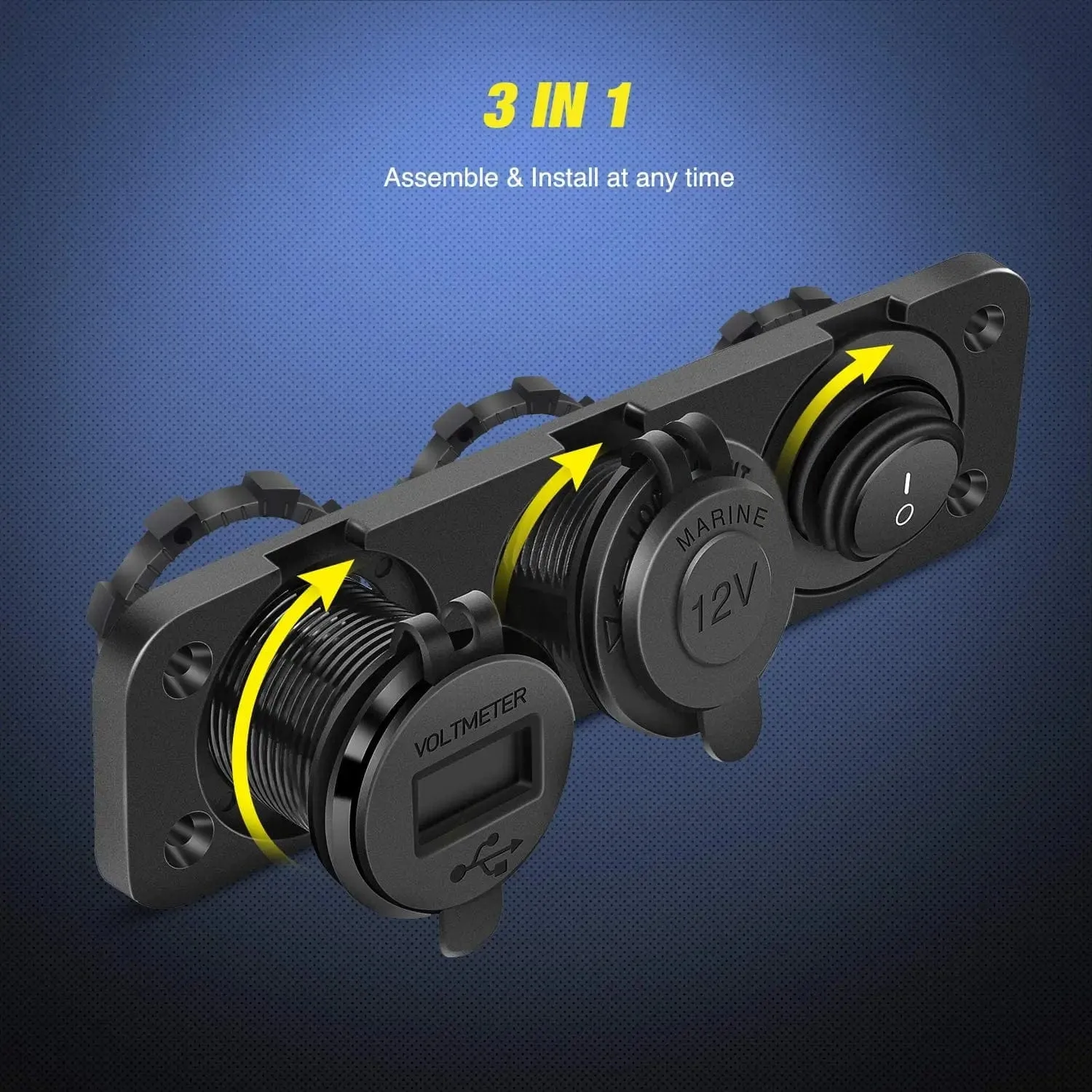 4 in 1 ON/OFF Blue Charger Socket Panel w/ Dual QC 3.0 USB Voltmeter Cigarette