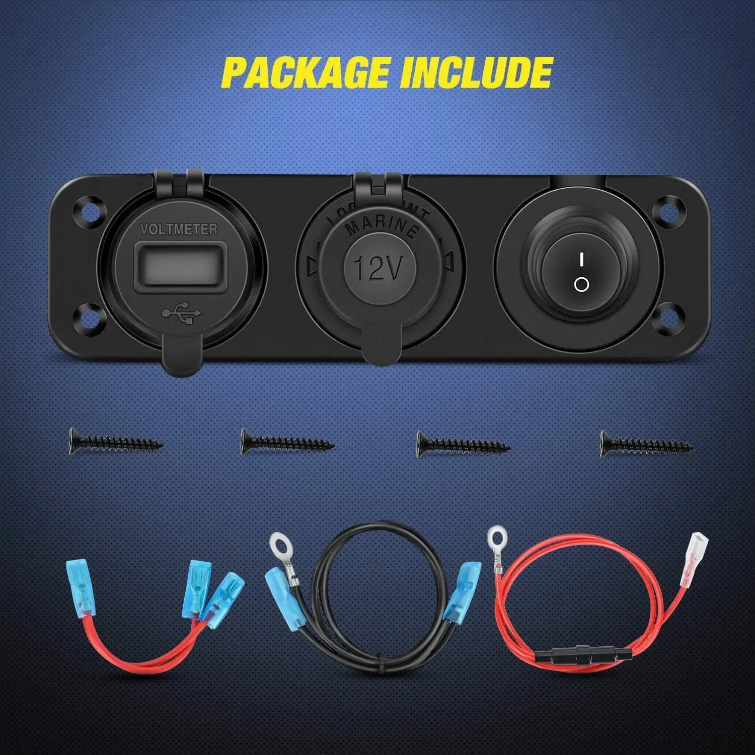 4 in 1 ON/OFF Blue Charger Socket Panel w/ Dual QC 3.0 USB Voltmeter Cigarette
