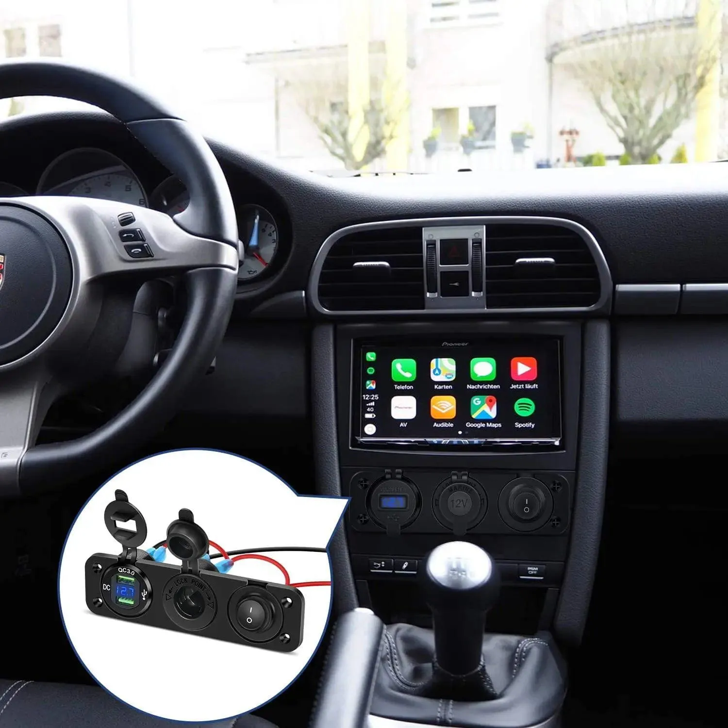 4 in 1 ON/OFF Blue Charger Socket Panel w/ Dual QC 3.0 USB Voltmeter Cigarette