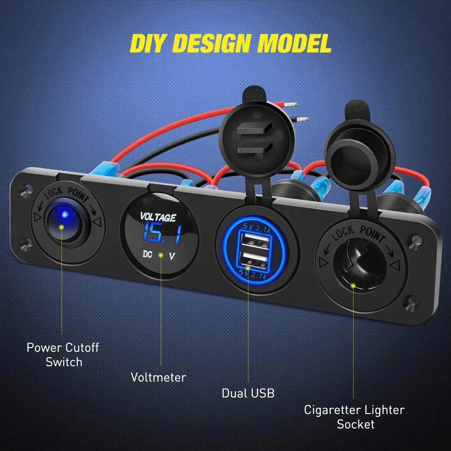 4 in 1 ON/OFF Blue Charger Socket Panel w/ Dual USB Voltmeter Cigarette