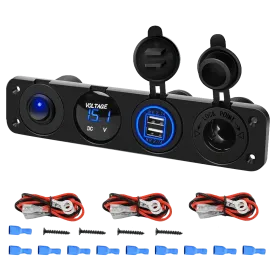 4 in 1 ON/OFF Blue Charger Socket Panel w/ Dual USB Voltmeter Cigarette