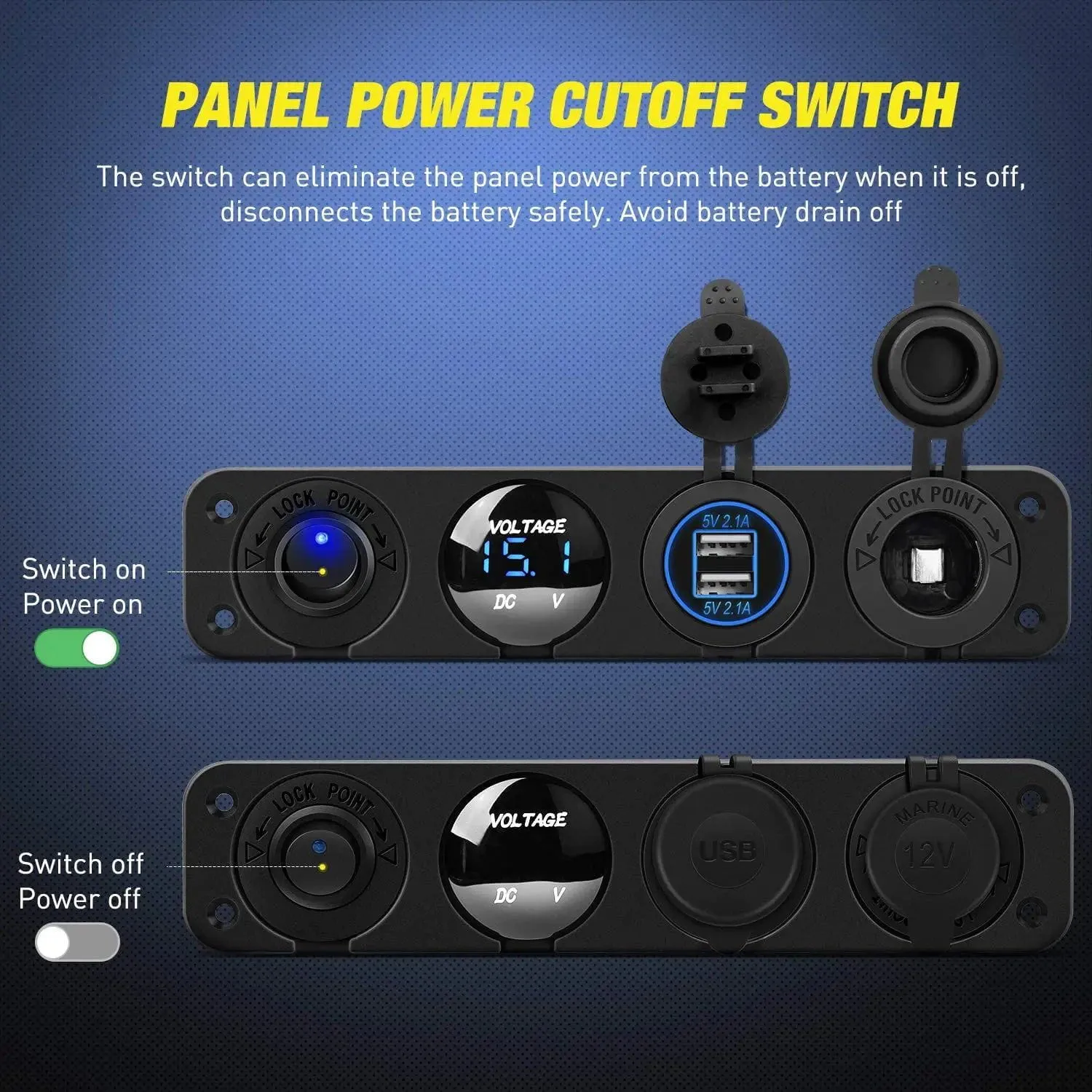 4 in 1 ON/OFF Blue Charger Socket Panel w/ Dual USB Voltmeter Cigarette