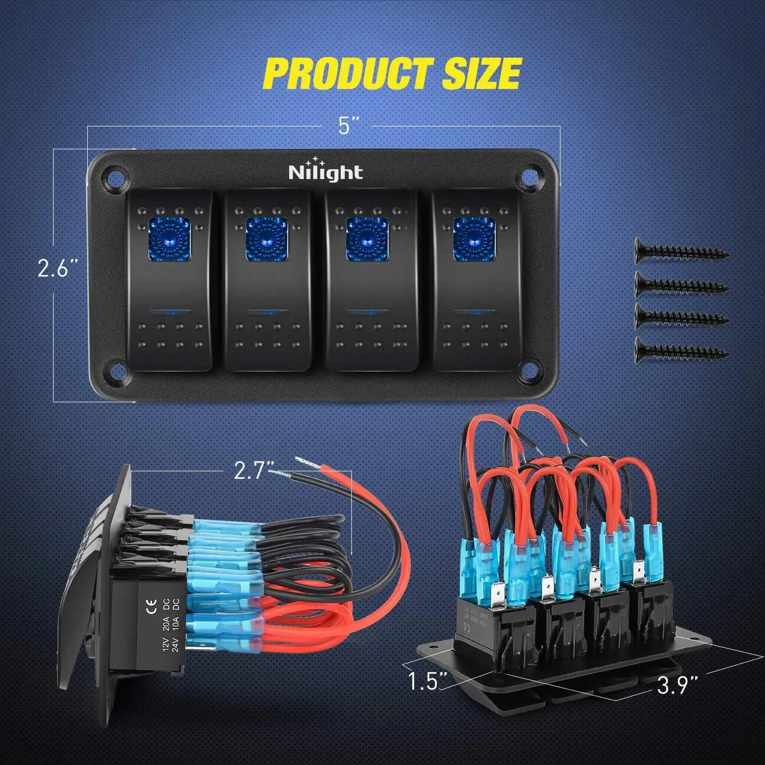 4Gang Aluminum 5Pin ON/Off Blue Rocker Switch Panel