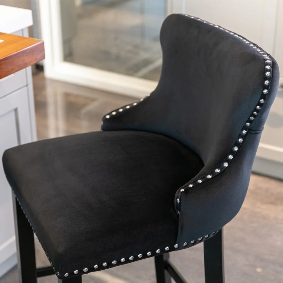 4x Velvet Upholstered Button Tufted Bar Stools | with Wood Legs and Studs | Black