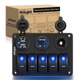 5Gang Aluminum Rocker Switch Panel w/ Dual USB Cigarette Lighter Socket Voltmeter