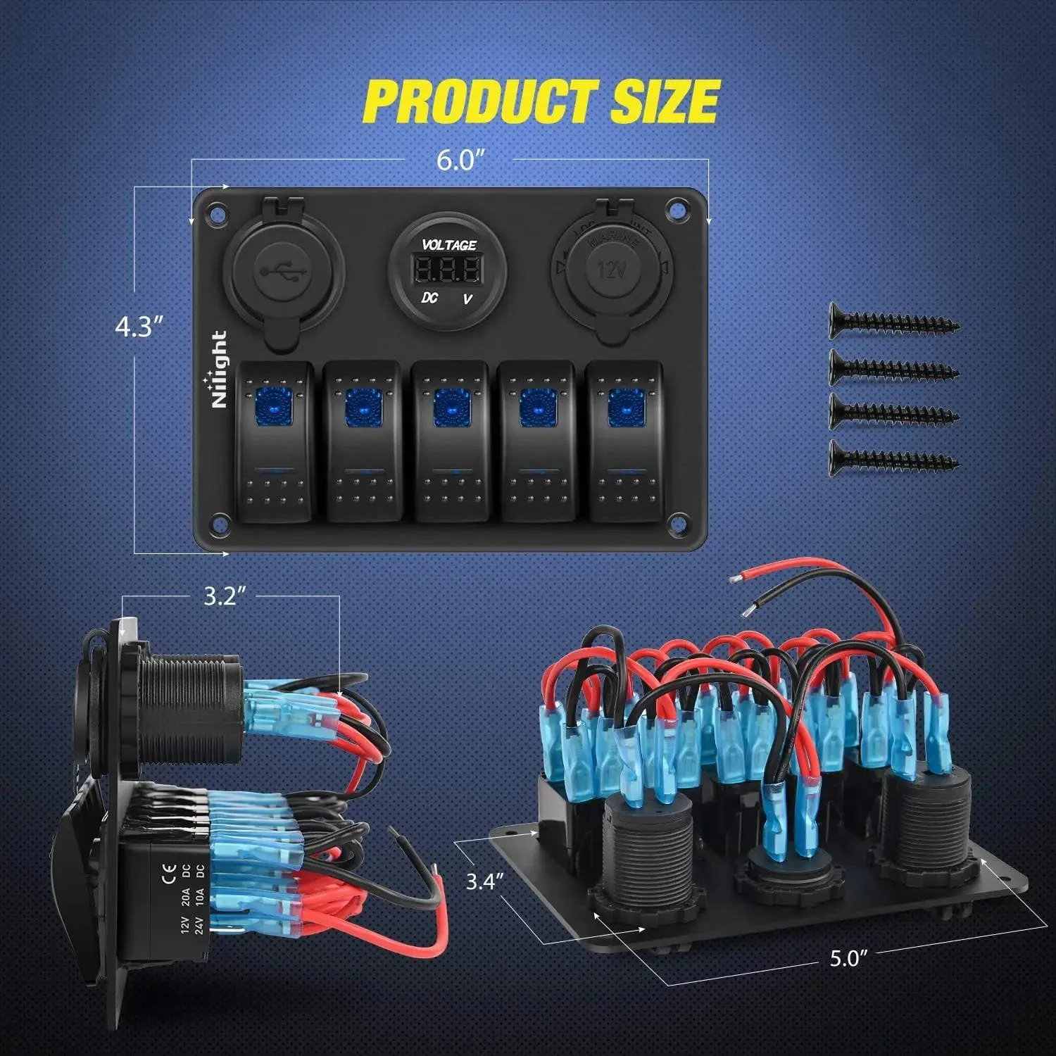 5Gang Aluminum Rocker Switch Panel w/ Dual USB Cigarette Lighter Socket Voltmeter