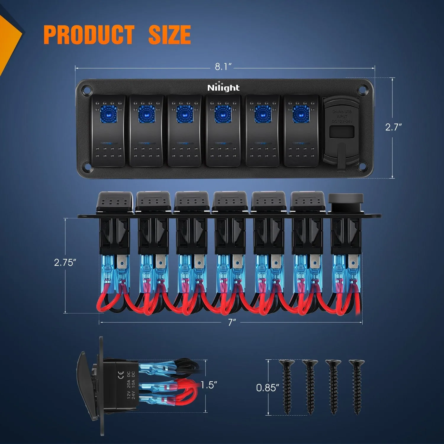 6 Gang Switch Panel With QC3.0 & PD Charger And Voltmerter with Blue Backlit