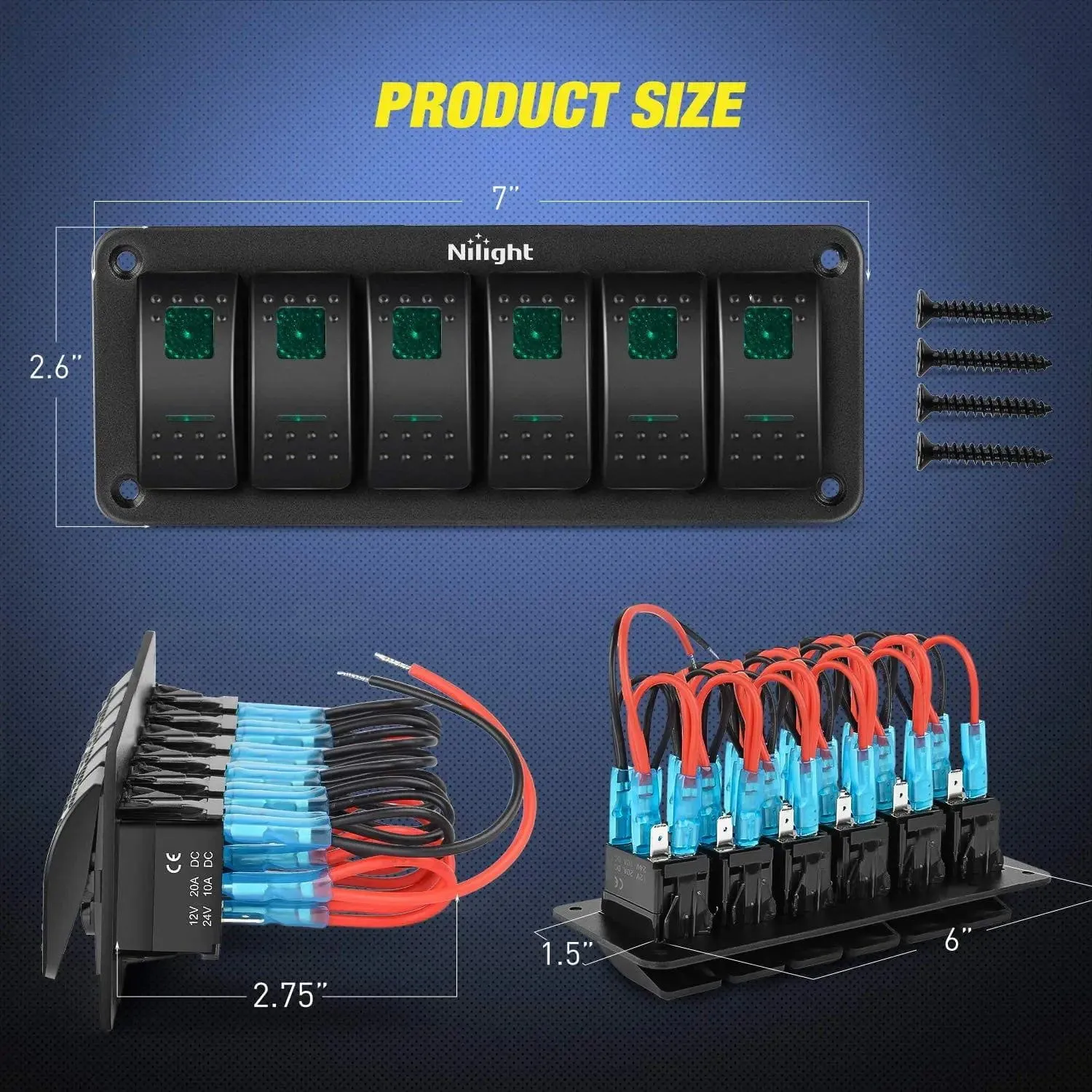 6Gang Aluminum 5Pin ON/Off Green Rocker Switch Panel