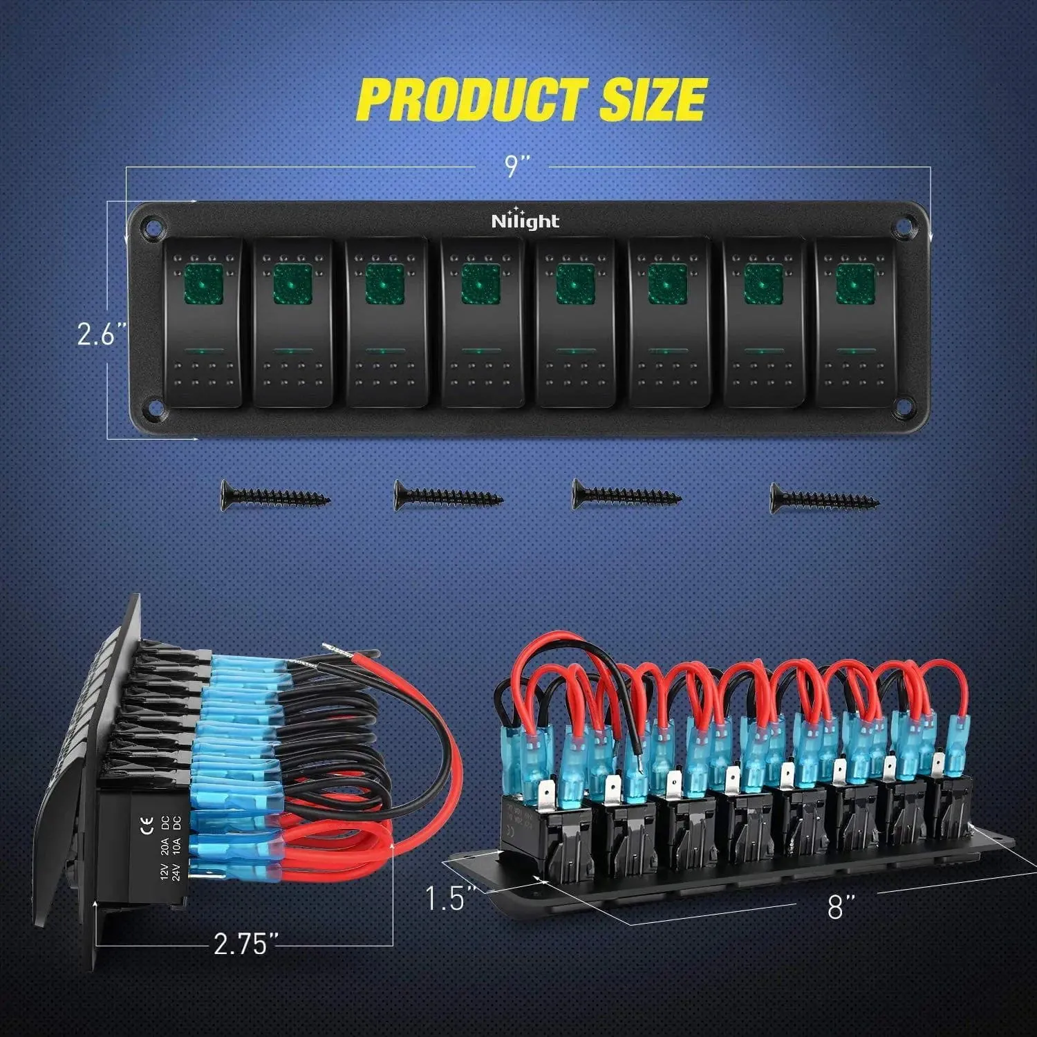 8Gang Aluminum 5Pin ON/Off Green Rocker Switch Panel