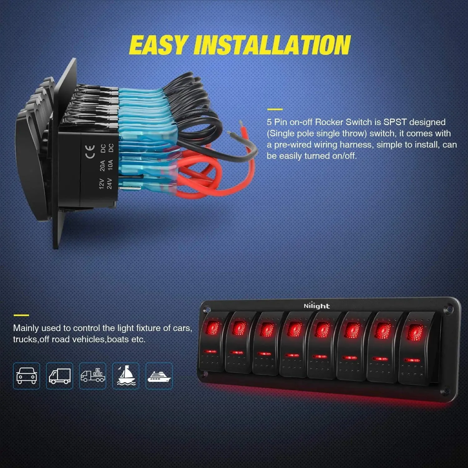 8Gang Aluminum 5Pin ON/Off Red Rocker Switch Panel