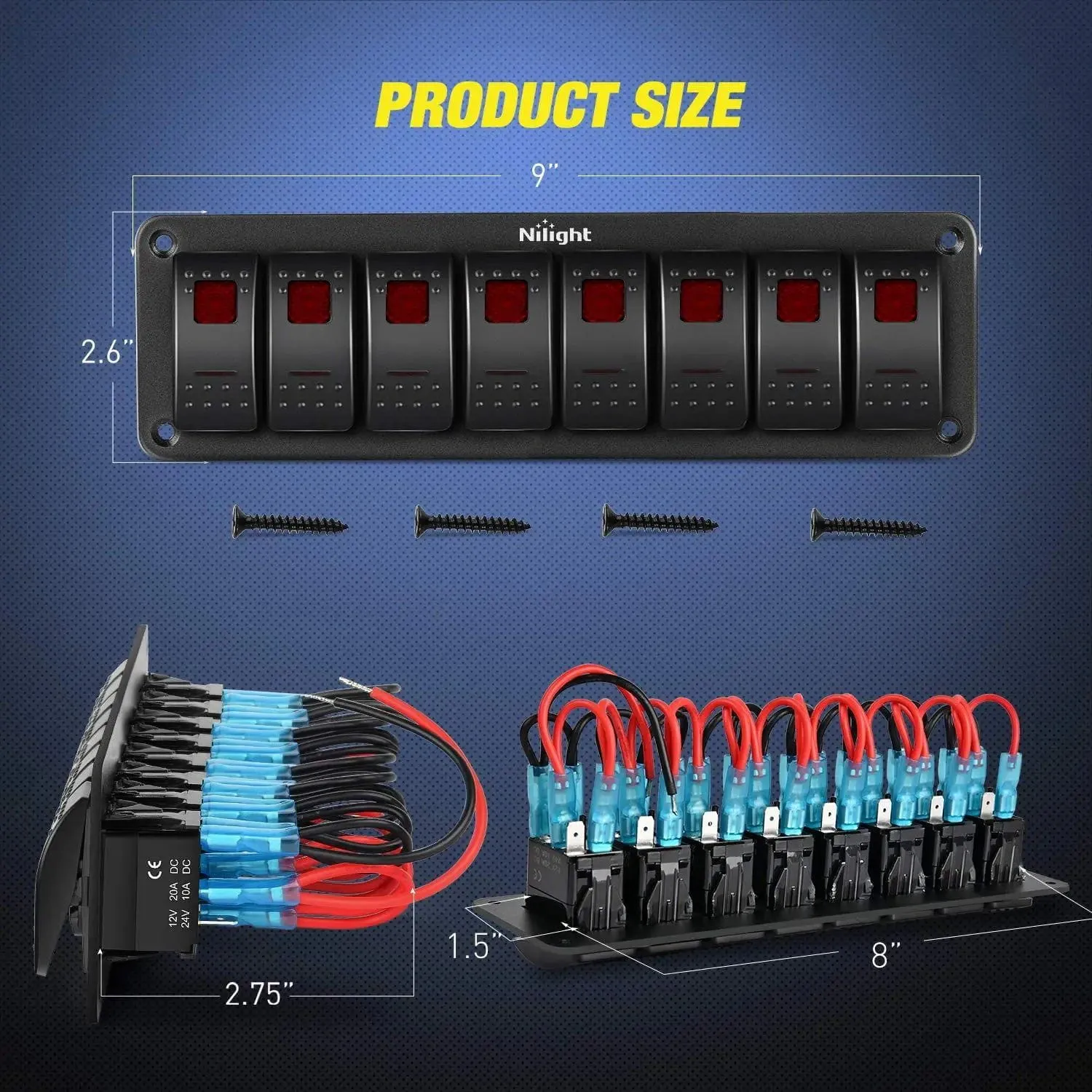 8Gang Aluminum 5Pin ON/Off Red Rocker Switch Panel