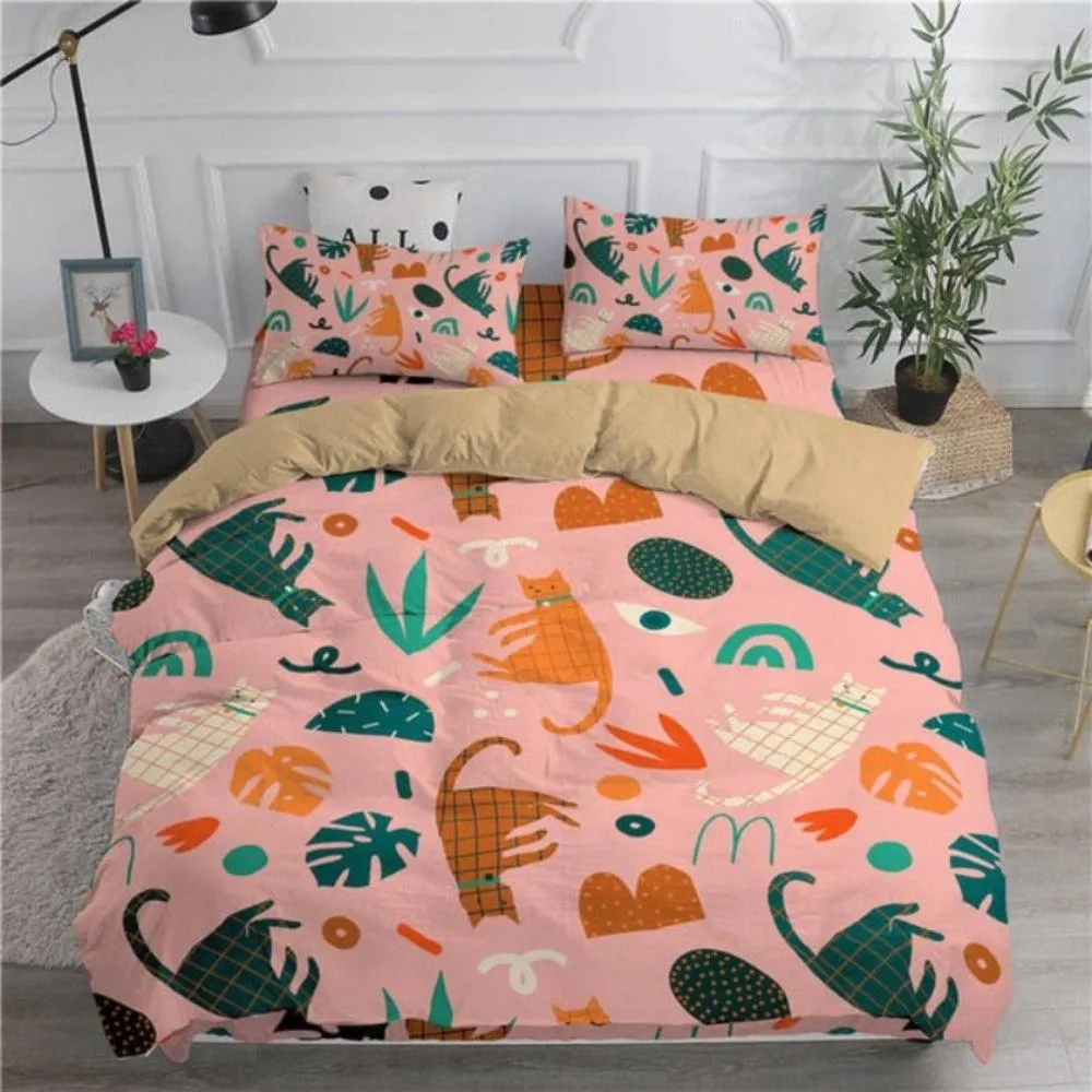 Cartoon Duvet Cover Set Cute Cats Printed 3D