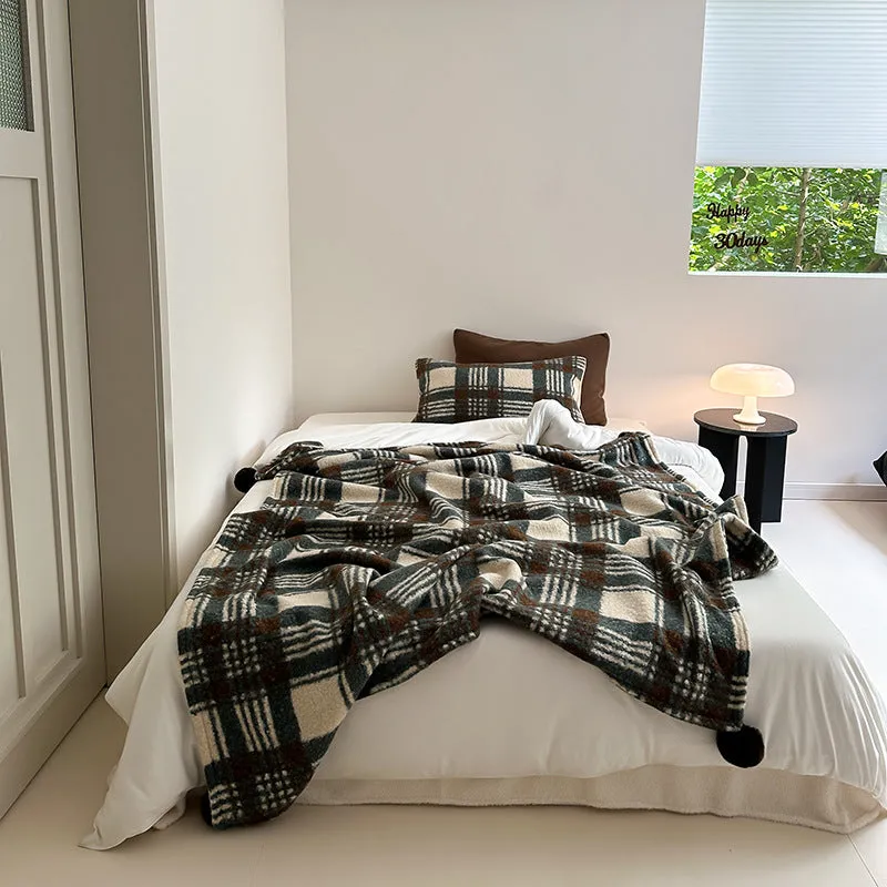 Cozy Plaid Wool Throw Blanket / Brown