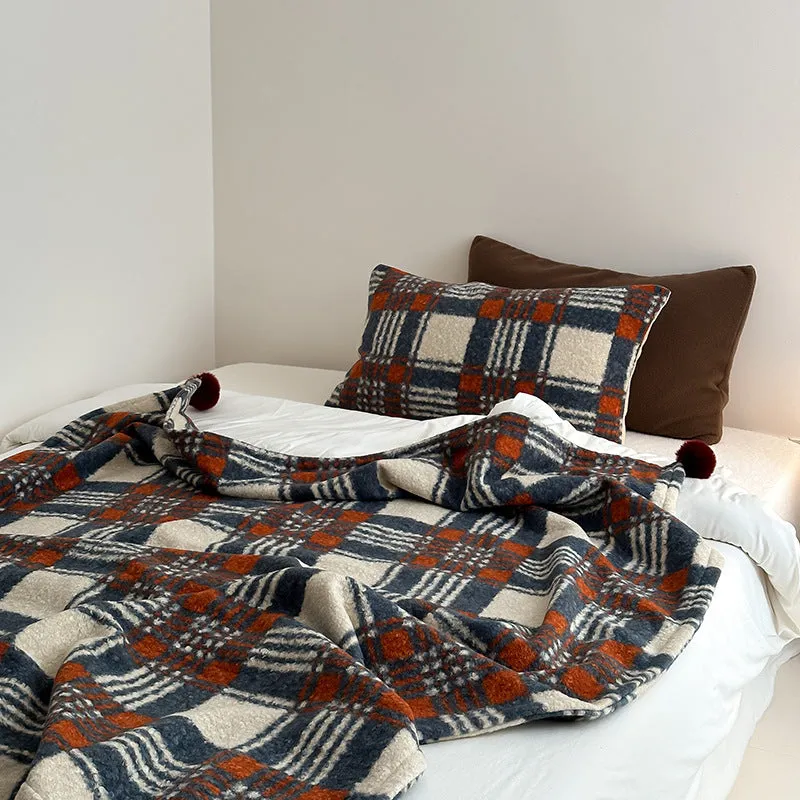 Cozy Plaid Wool Throw Blanket / Brown