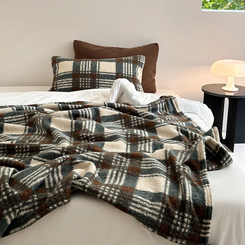 Cozy Plaid Wool Throw Blanket / Brown