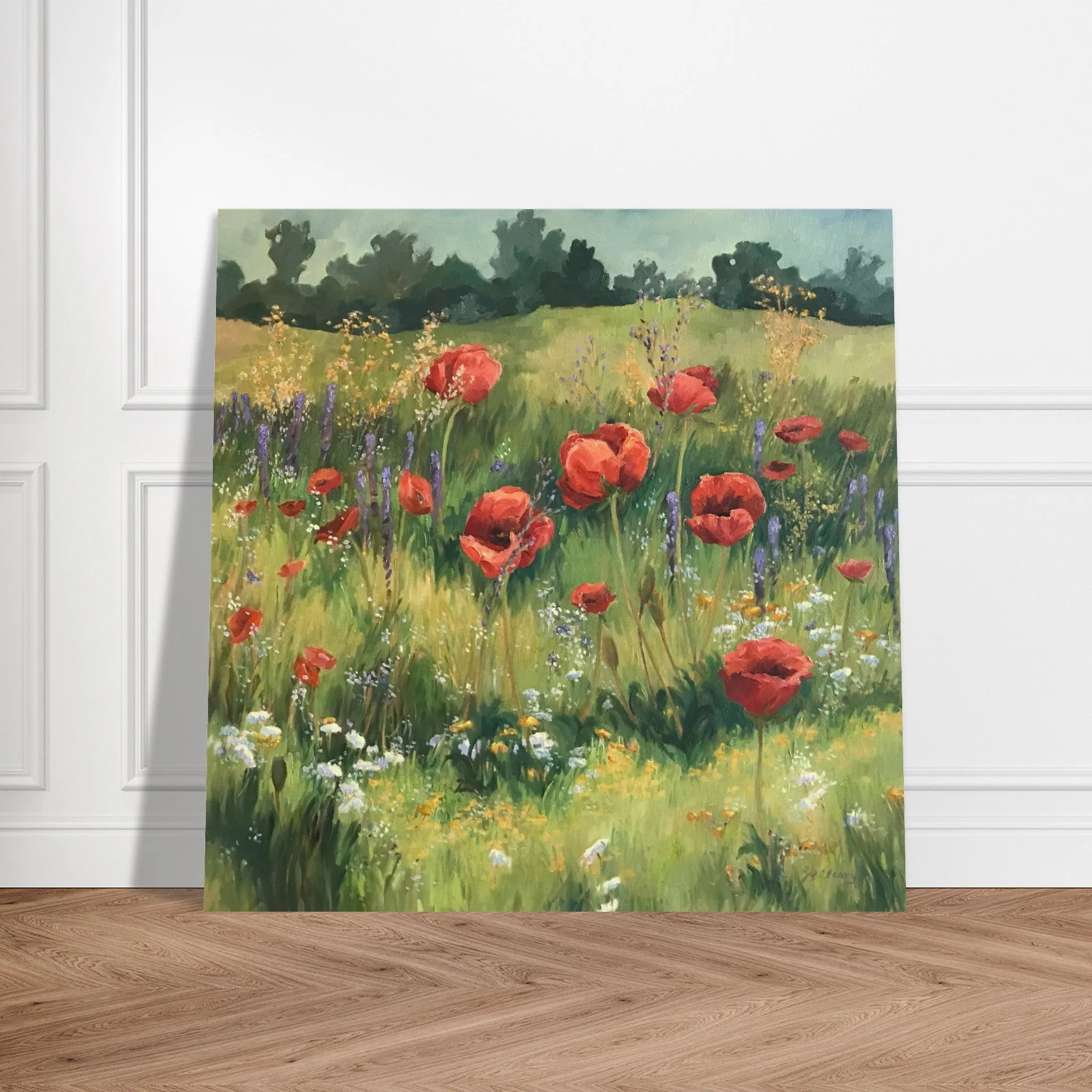 'Field of Red Poppies' I 16x16 Museum-Quality Matte Paper Poster | Original Artwork by American Artist Barbara Cleary