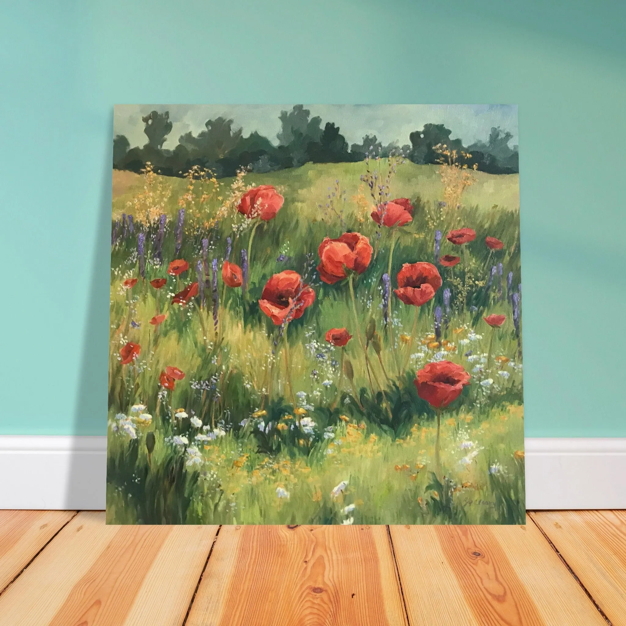 'Field of Red Poppies' I 16x16 Museum-Quality Matte Paper Poster | Original Artwork by American Artist Barbara Cleary