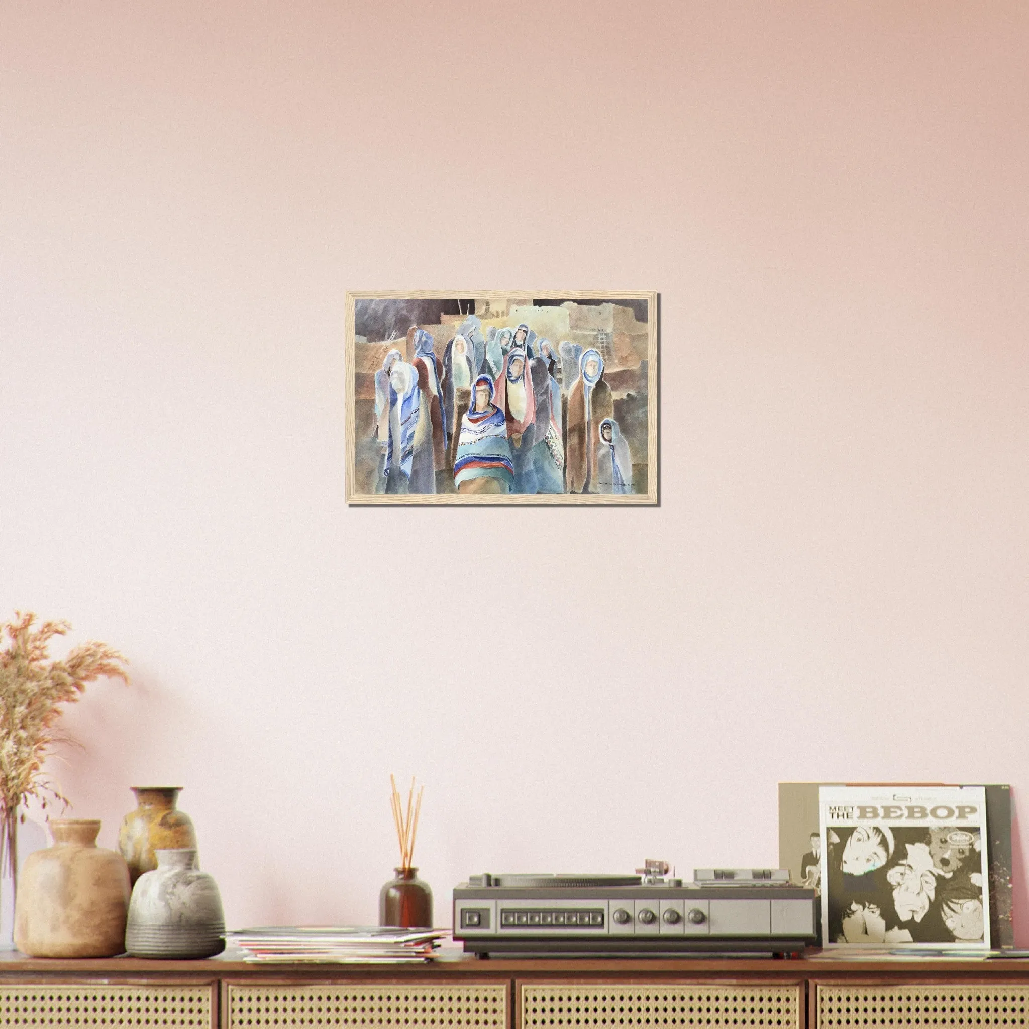 'Pueblo People' Southwestern Watercolor I 12x18 inch Wooden Framed Art Print  I Original Artwork by American Artist Barbara Cleary