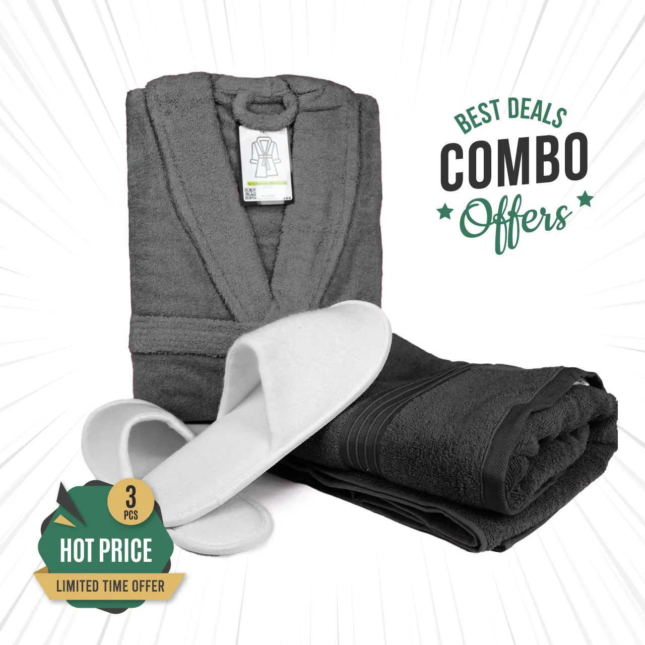 Summer Bath Combo Offer Bathrobe, Bath Towel and Bathroom Slippers - Black